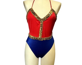 Costume intero anni '70 rosso, blu e oro / Frederick's of Hollywood / VTG Vintage