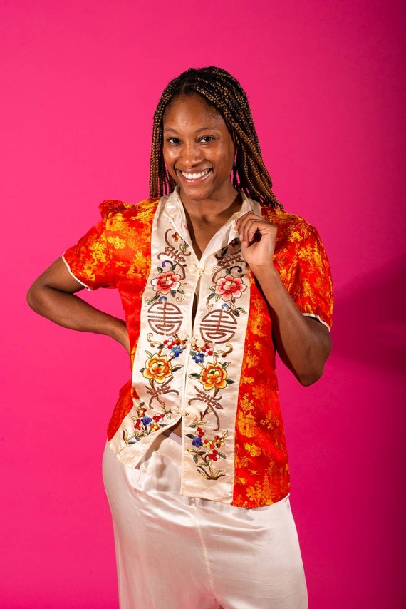 1930s Red Chinoiserie Beach Pajama Set | Bust 36"… - image 2