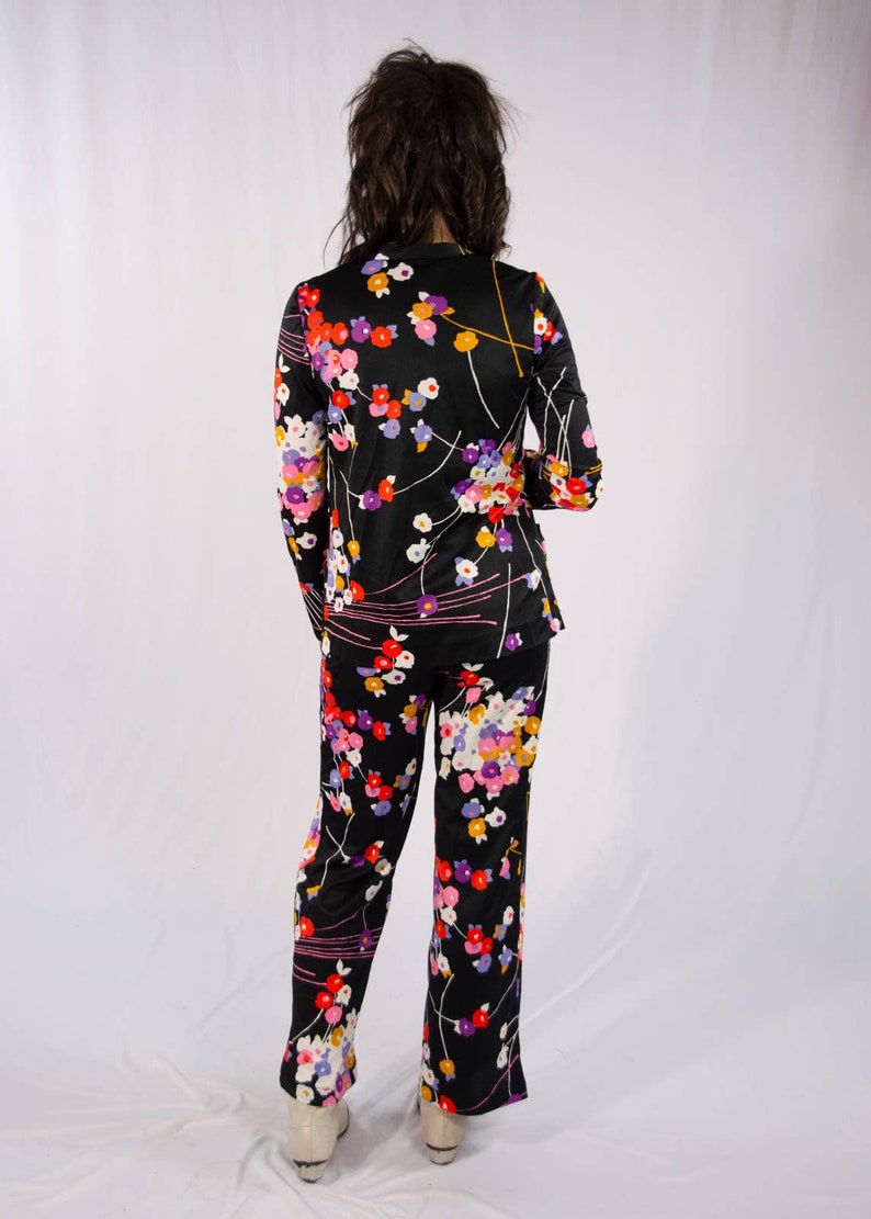 Vintage 70s Black & Floral Jumpsuit and Jacket Bust 30 Waist 27 image 2