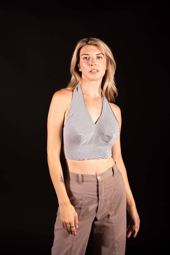 60s Gray and White Striped Halter-Top| Bust- 34 |… - image 3