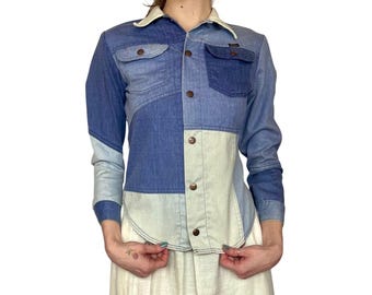70s Denim Blouse Top | Small | Patchwork | Vintage