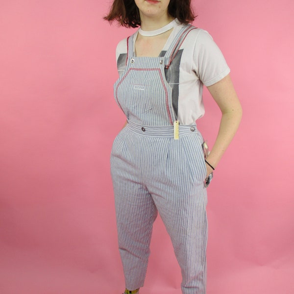 1970s Denim Pin Striped Oxford Overalls | Size Medium | Waist 30” | Conductor | Vintage VTG