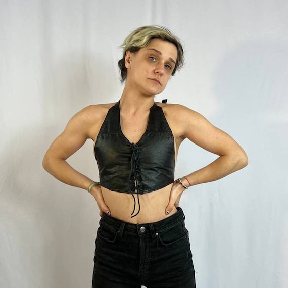 70s Black Genuine Leather Halter Top XS Vintage VTG 