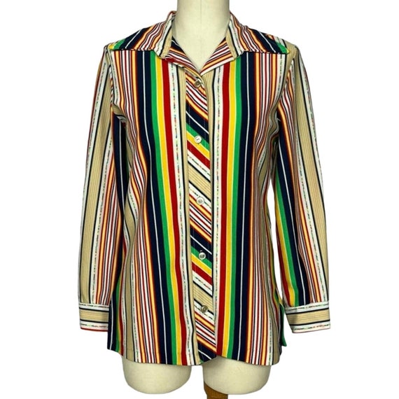 1970s Rainbow Stripe Dagger Collar Button Up Top … - image 1