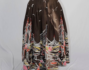 50s Novelty Border Print Skirt | Waist 25 | Cotton |Vintage
