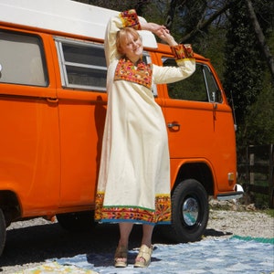 70s Canvas Mirror Work Caftan | Vintage | Bust 38 | Large