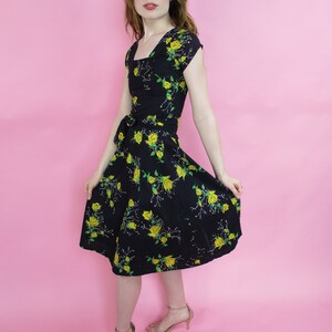 1950s Black Dress with Yellow Rose Print Flowers Size Small Bust 32 Waist 26-27 Cotton Rockabilly Pin Up Vintage VTG image 2