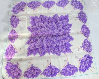 1950s Silk Ballerina Printed Scarf Hand Rolled Vintage VTG Purple Dancer Novelty