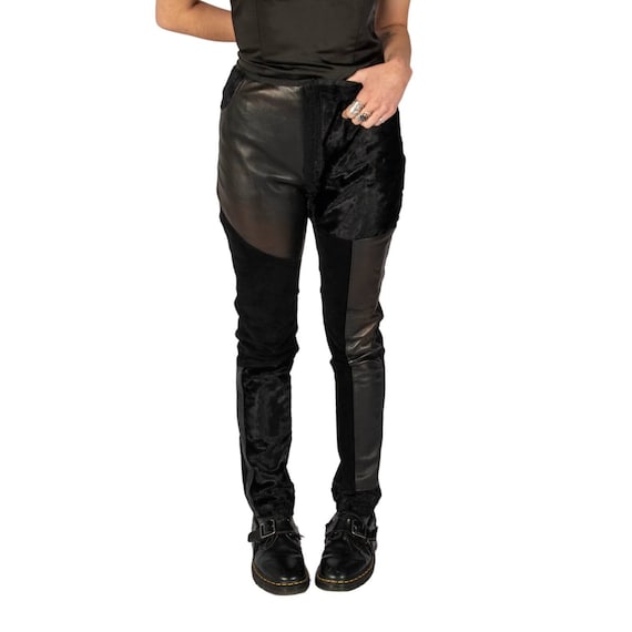 90s Leather Patchwork Pants | Small | and Faux Fur Patchwork Pants