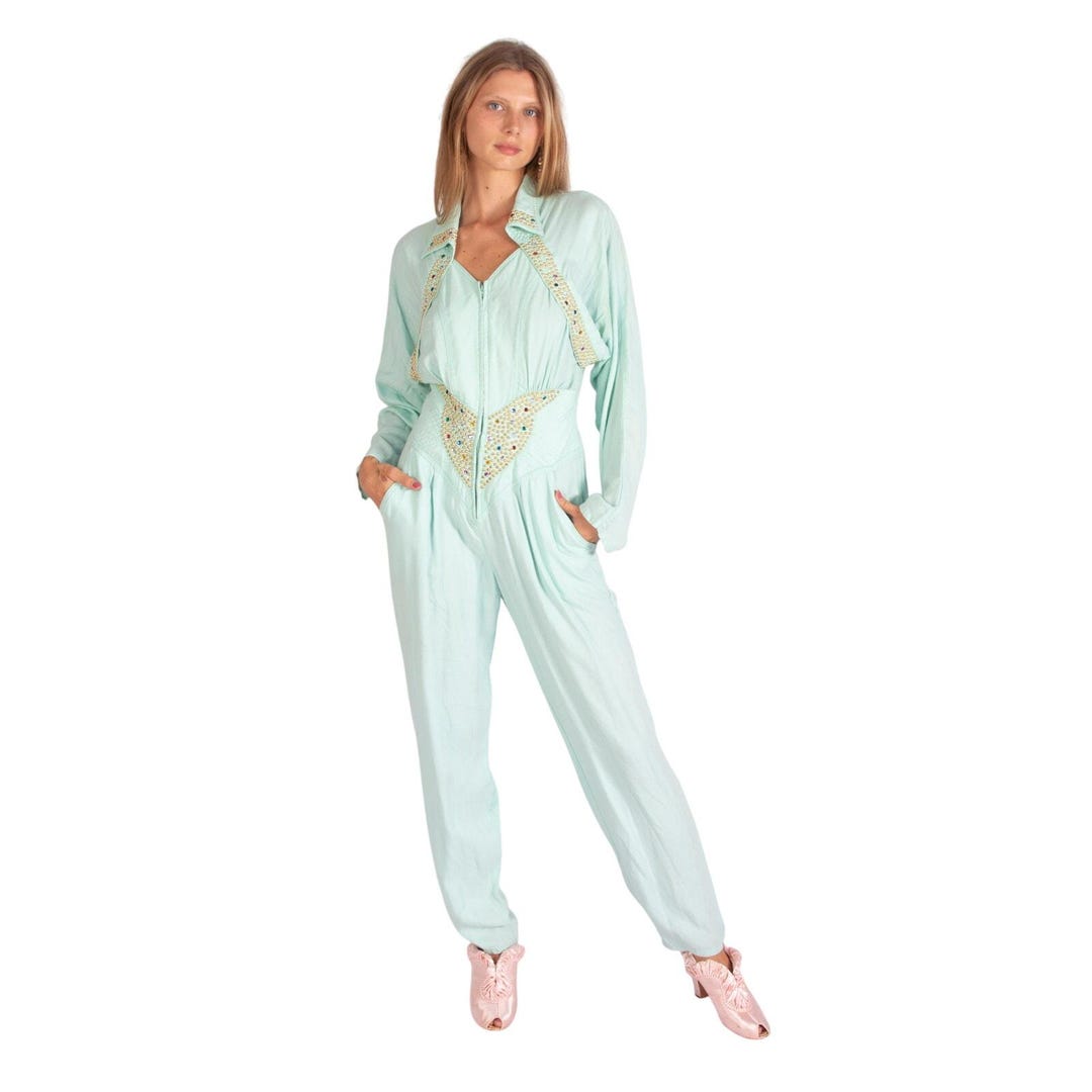 1980s teal wrap jumpsuit