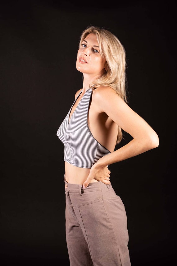 60s Gray and White Striped Halter-Top| Bust- 34 |… - image 2