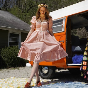 1970s Gunne Sax Pink and White Vintage Midi Dress