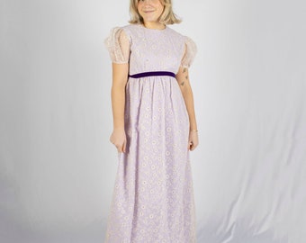 60s Flocked Daisy Print Maxi Dress | S | Waist 28" | Bust 36" | Vintage VTG