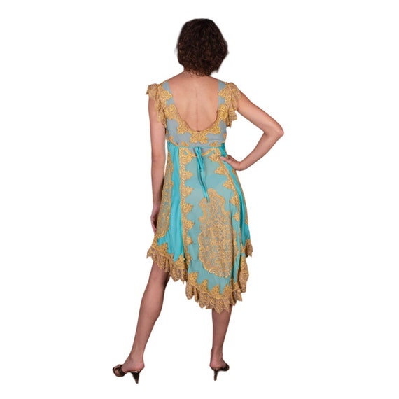 90s Blue & Gold Lace Dress | Bust 34" | VTG Vinta… - image 2