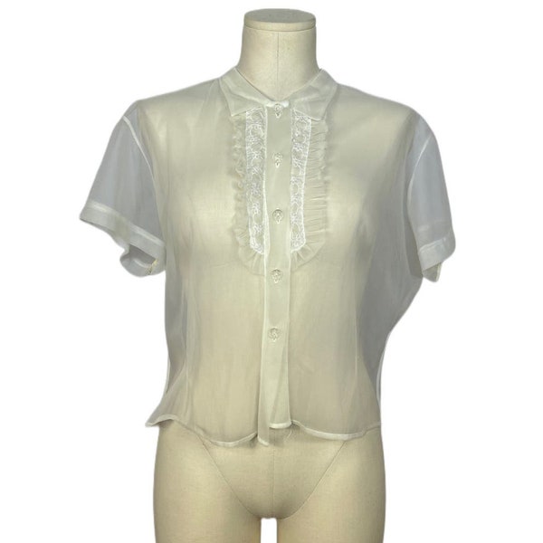 1950s White Sheer Button Up | Short Sleeve | Bust 46 | Vintage