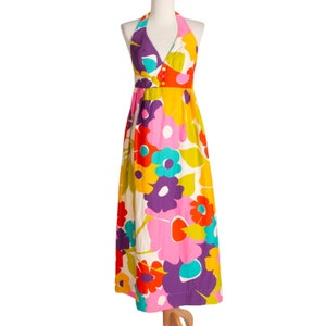 chinese dress ladies 1970s Malia Honolulu Purple Blue Green Hawaiian Floral Print Wrap Arou main image 1