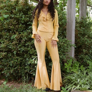 70s Fredericks of Hollywood Bellbottom Set | Gold Lurex | Two Piece Pant Set | Modern Small|Vintage