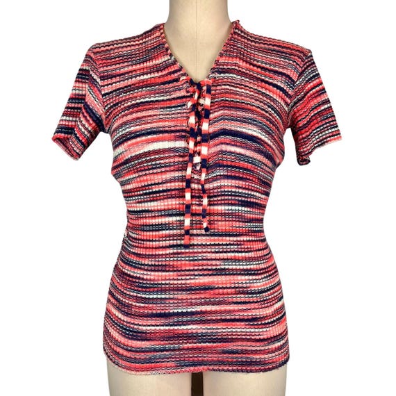 1970s Knit Blouse | Small | Pink and Purple | Str… - image 1