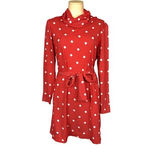 70s Dress | Large | Red | Turtleneck | Checkered | Vintage