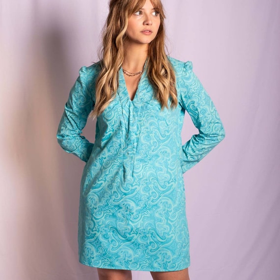 60s Light Blue Long Sleeve Mini Dress |bust 38"| Modern Size Medium|  Vintage VTG - Etsy Israel