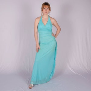 90s Blue Sparkly Halter Prom Dress | S/M | VTG Vintage
