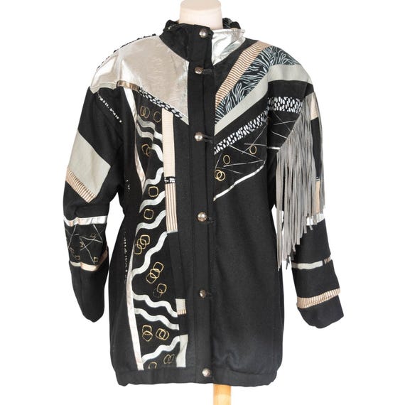 1980s Black & Silver Patchwork Jacket | Fringe | … - image 1