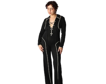 1970s Black Jumpsuit | Bell Bottom | Funky | Lace Up | Medium | Vintage