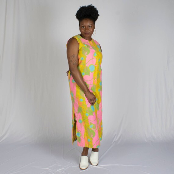 60s Pink & Yellow Maxi Dress | Size L | VTG Vinta… - image 2