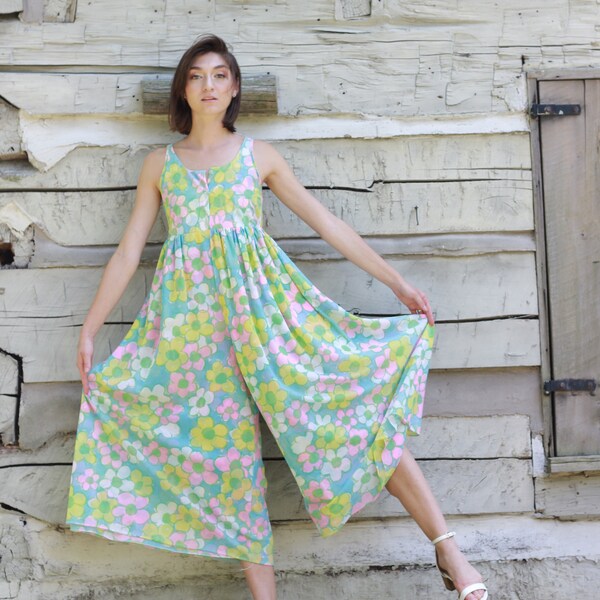 60s Mod Floral Jumpsuit | Wide Leg | Sleeveless | Semi-Sheer | Pink Blue Green | Vintage VTG | S M