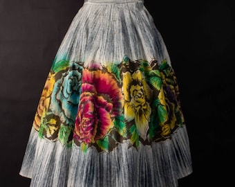 1950s Rose Print Circle Skirt | Mexican Skirt | Hand Painted | Waist 28 | Vintage