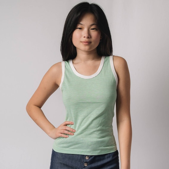70s Green and White Stripped Muscle Tank | Size S… - image 1