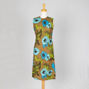 60s Brown and Blue Floral Print Dress | Size S | Bust 34&quot; | VTG Vintage