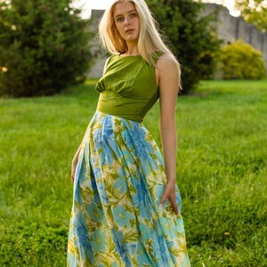 60s Olive Green Blue Floral Print DressModern Size Small Bust 34 Waist 26 VTG Vintage image 3