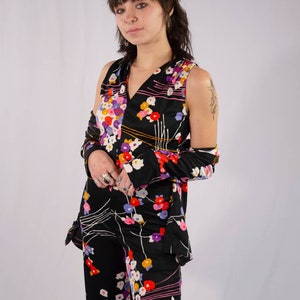 Vintage 70s Black & Floral Jumpsuit and Jacket Bust 30 Waist 27 image 3