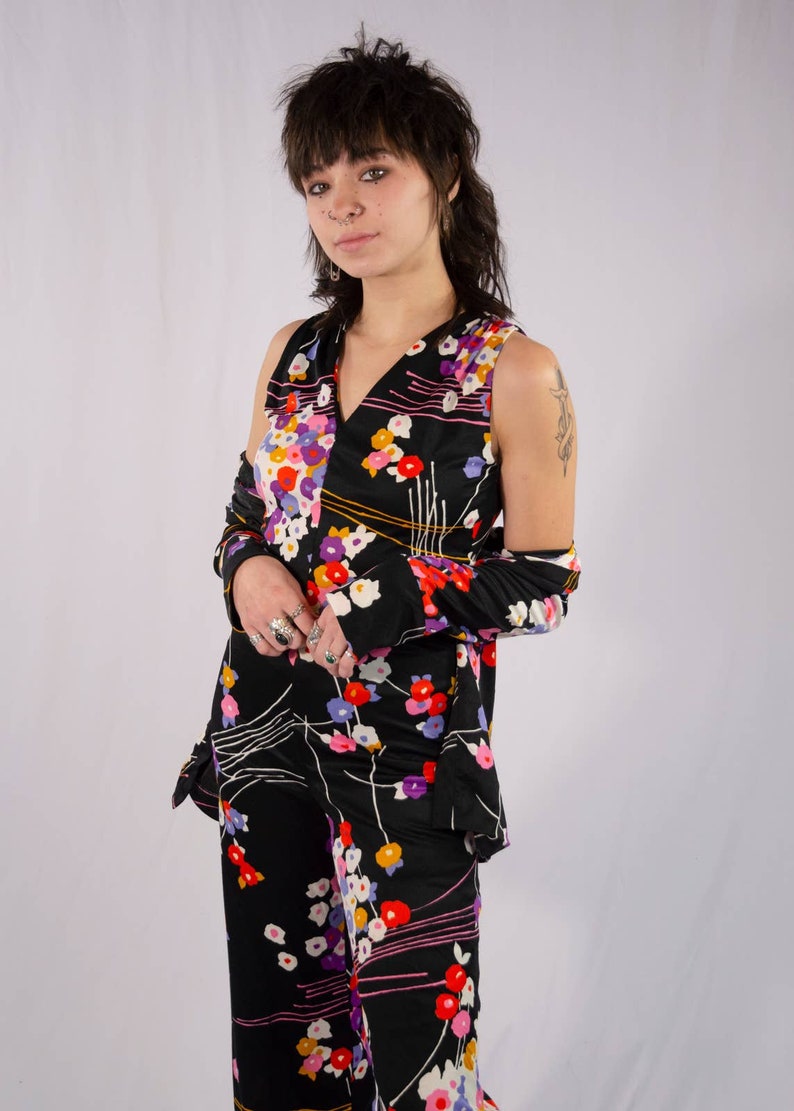 Vintage 70s Black & Floral Jumpsuit and Jacket Bust 30 Waist 27 image 3