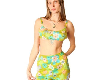 Bikini verde floral de los años 60 / Hawaiano / MOD / Vintage