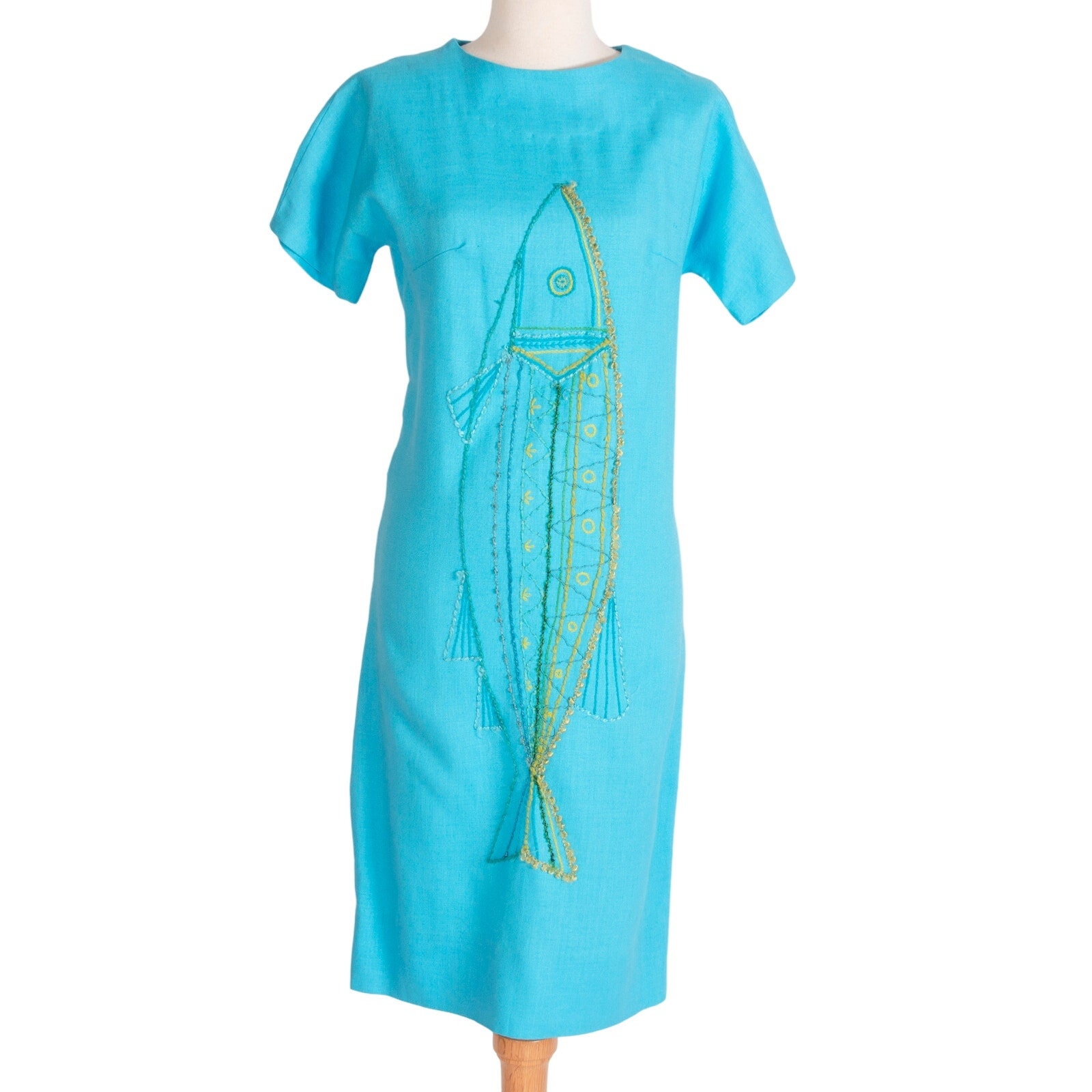 1960s Blue Fish Dress | Bust 36" | Embroidered | Vintage
