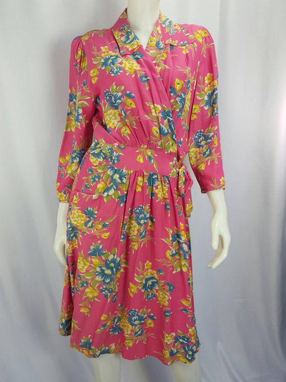 40s Pink Floral Rayon Wrap Dress Medium to Large | Etsy