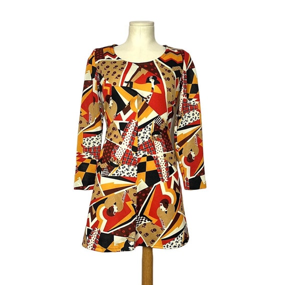 1970s Mini Dress | Novelty Goddess Print | Small | Vintage 1970s Mini Dress | Novelty Goddess Print | Small | Vintage