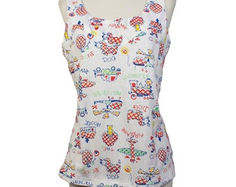 Camiseta sin mangas con estampado novedoso blanco de los años 60 / Talla M / VTG Vintage
