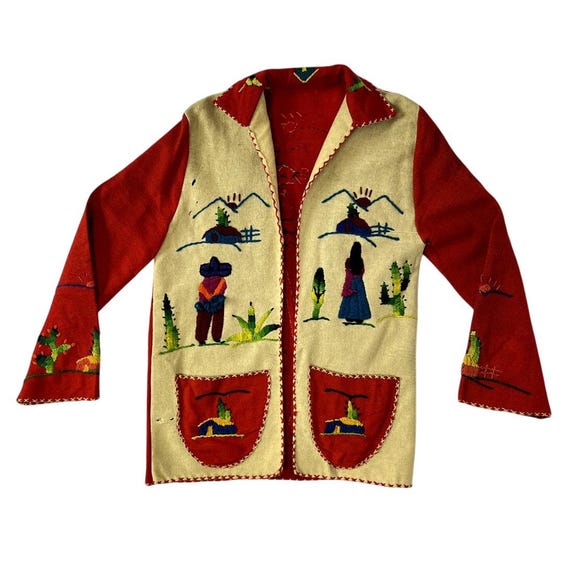 ジャケット・アウター 50's~60's Mexican Wool Jacket Vtg 1940s-50s Mexican Wool Souvenir Jacket Red Size Small Or