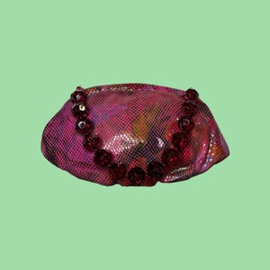 1990s Leather Magenta Imitation Snakeskin Purse with Bead Handle | VTG | Clutch |