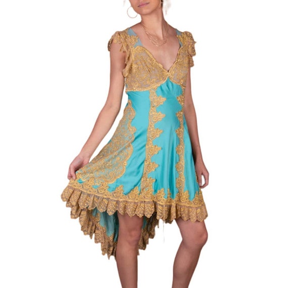 90s Blue & Gold Lace Dress | Bust 34" | VTG Vinta… - image 3