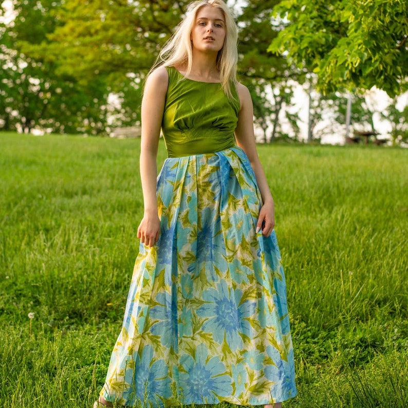 60s Olive Green Blue Floral Print DressModern Size Small Bust 34 Waist 26 VTG Vintage image 1