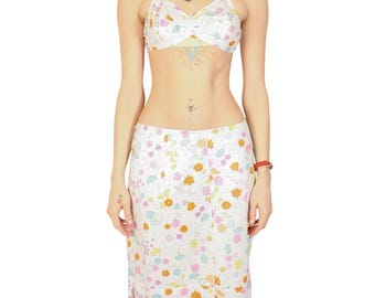 Conjunto de lencería floral de los años 70 / Falda camisera / Vintage