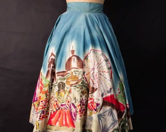 1950s Mexican Ferris Wheel Circle Skirt | Hand Painted | Waist 26 | Small | Vintage VTG