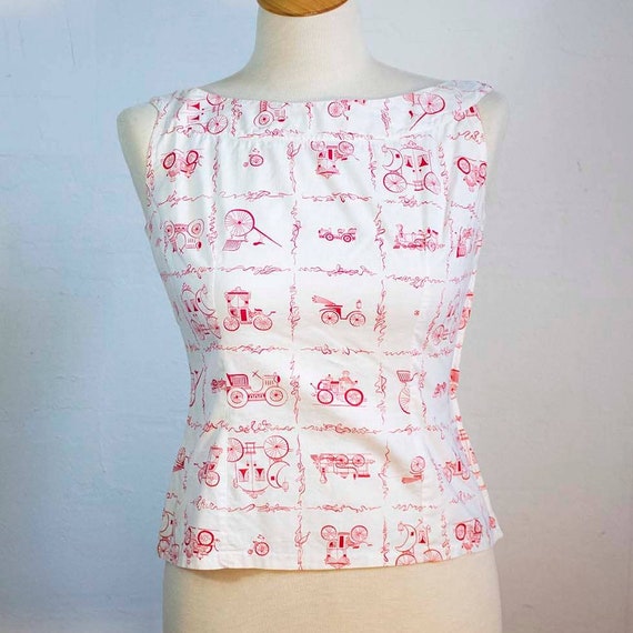 1950s Novelty Car Print Top | Bust 38 | Waist 30 … - image 1