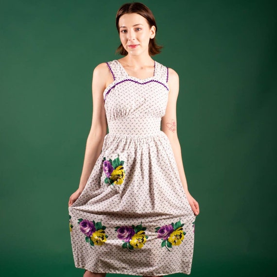 1950s White and Purple Floral Print Dress | XS | … - image 1