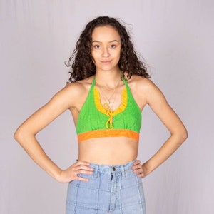 70s Green & Orange Polka Dot Halter Top | Bust 35&quot; | Modern Size Small | Vintage VTG