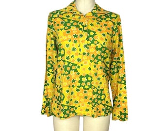 Bluzka Lilly Pulitzer z lat 70. | Bluzka z kołnierzykiem w kolorze żółto-zielonym z kwiatowym wzorem „The Lilly” | Biust 42 | Vintage